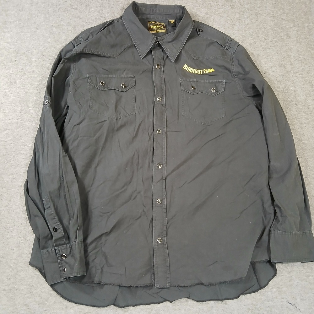 Red Snap Mens 2XL Black Burnout Crew Western Pearl Snap Shirt Raw Hem Cotton